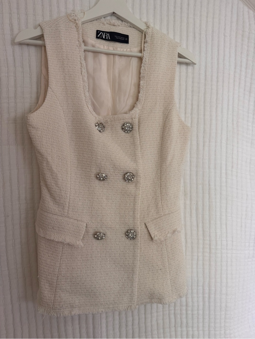 Zara Cream Tweed Vest Blazer Silver Button Size S